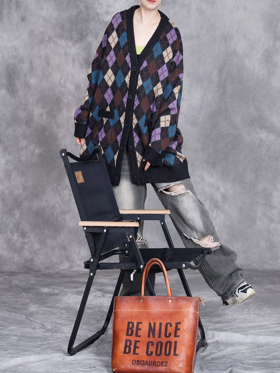 Women Autumn Artsy Rhomboids Cardigan Sweater Coat WG017 BK