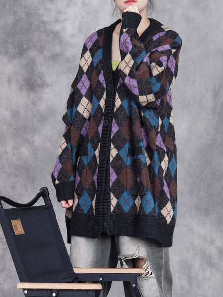 Women Autumn Artsy Rhomboids Cardigan Sweater Coat WG017 BK