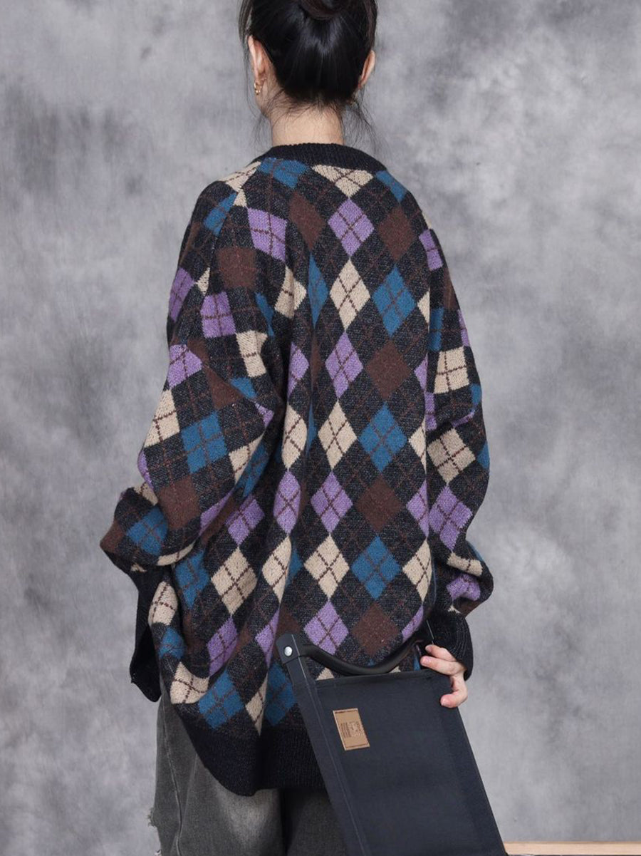 Women Autumn Artsy Rhomboids Cardigan Sweater Coat WG017 BK