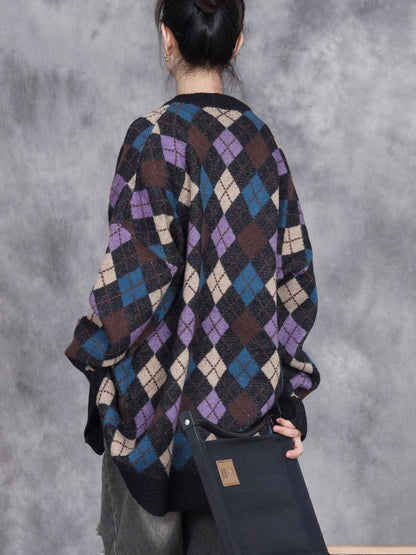 Women Autumn Artsy Rhomboids Cardigan Sweater Coat WG017 BK