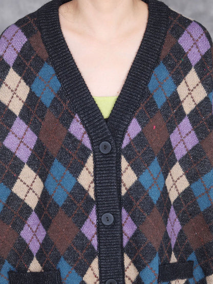 Women Autumn Artsy Rhomboids Cardigan Sweater Coat WG017 BK
