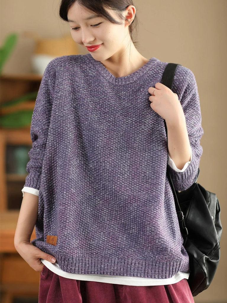 Women Vintage Autumn Solid O-Neck Loose Knit Sweater WG004 BK