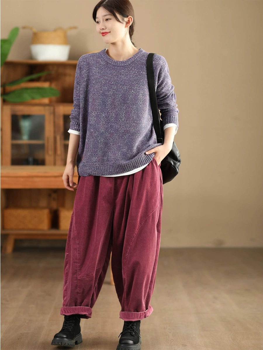 Women Vintage Autumn Solid O-Neck Loose Knit Sweater WG004 BK