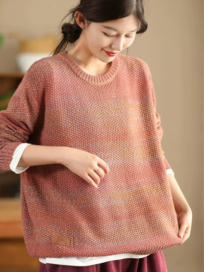 Women Vintage Autumn Solid O-Neck Loose Knit Sweater WG004 BK