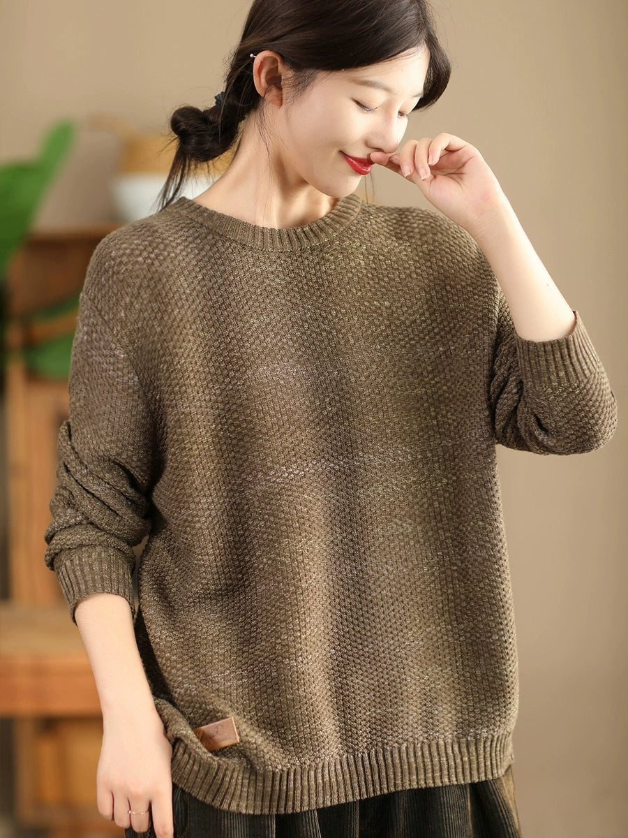 Women Vintage Autumn Solid O-Neck Loose Knit Sweater WG004 BK