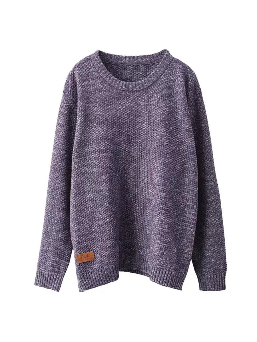 Women Vintage Autumn Solid O-Neck Loose Knit Sweater WG004 BK