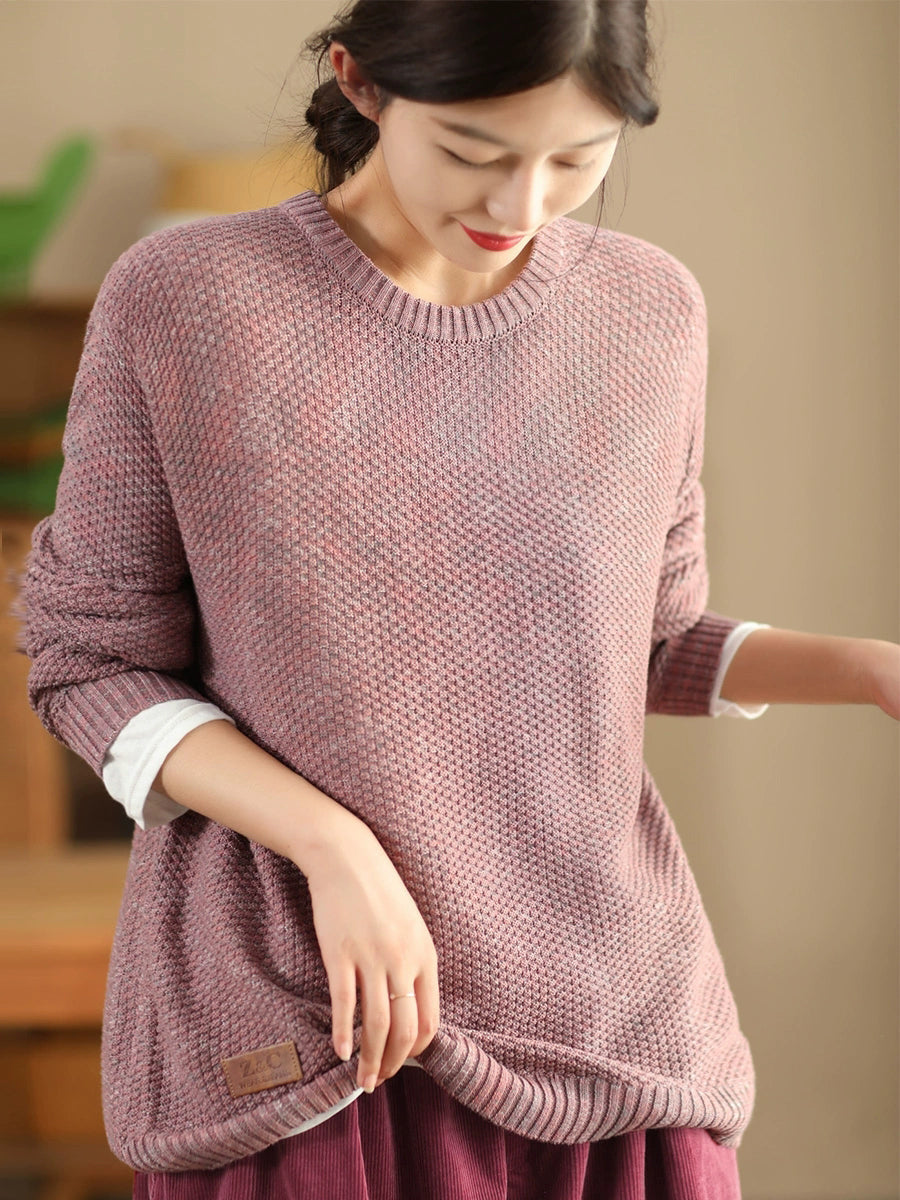 Women Vintage Autumn Solid O-Neck Loose Knit Sweater WG004 BK
