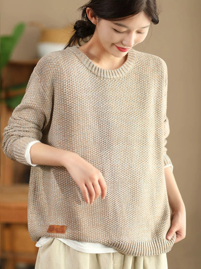 Women Vintage Autumn Solid O-Neck Loose Knit Sweater WG004 BK