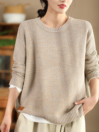 Women Vintage Autumn Solid O-Neck Loose Knit Sweater WG004 BK