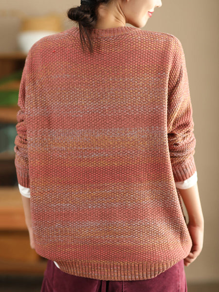 Women Vintage Autumn Solid O-Neck Loose Knit Sweater WG004 BK