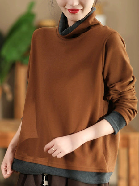 Women Casual Autumn Warm Colorblock Turtleneck Sweatshirt WG010 BK