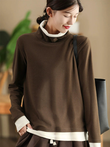 Women Casual Autumn Warm Colorblock Turtleneck Sweatshirt WG010 BK