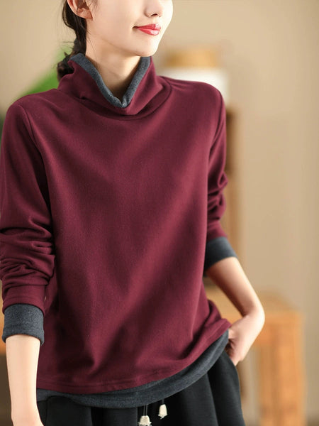 Women Casual Autumn Warm Colorblock Turtleneck Sweatshirt WG010 BK