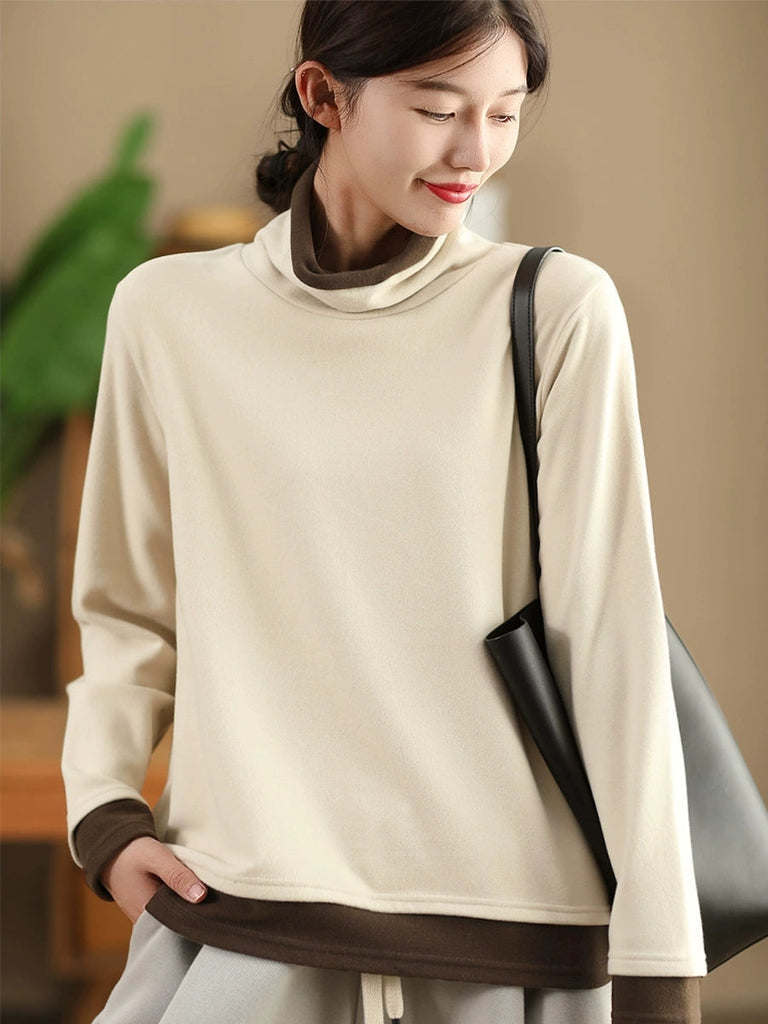 Women Casual Autumn Warm Colorblock Turtleneck Sweatshirt WG010 BK