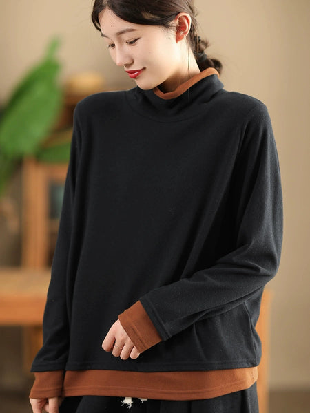 Women Casual Autumn Warm Colorblock Turtleneck Sweatshirt WG010 BK