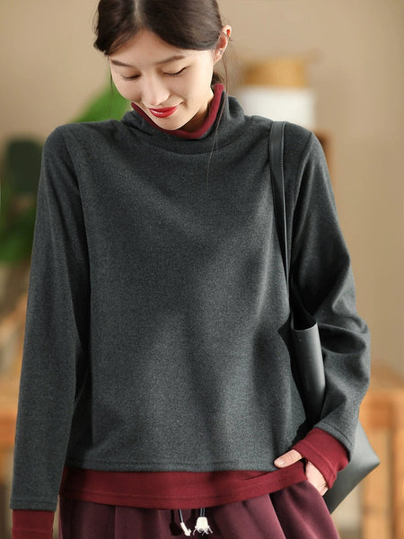 Women Casual Autumn Warm Colorblock Turtleneck Sweatshirt WG010 BK