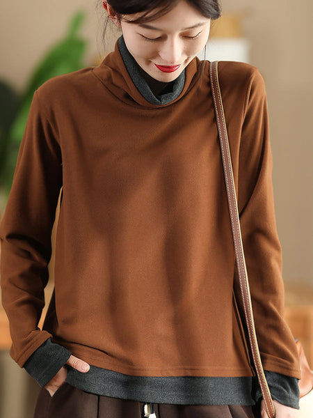 Women Casual Autumn Warm Colorblock Turtleneck Sweatshirt WG010 BK
