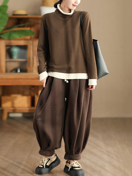 Women Casual Autumn Warm Colorblock Turtleneck Sweatshirt WG010 BK