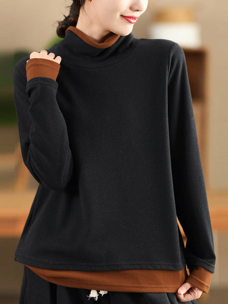 Women Casual Autumn Warm Colorblock Turtleneck Sweatshirt WG010 BK