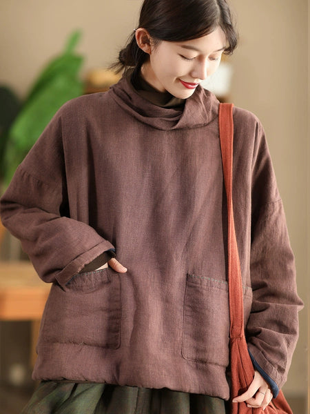 Women Autumn Vintage Turtleneck Solid Linen Padded Coat WG012 BK