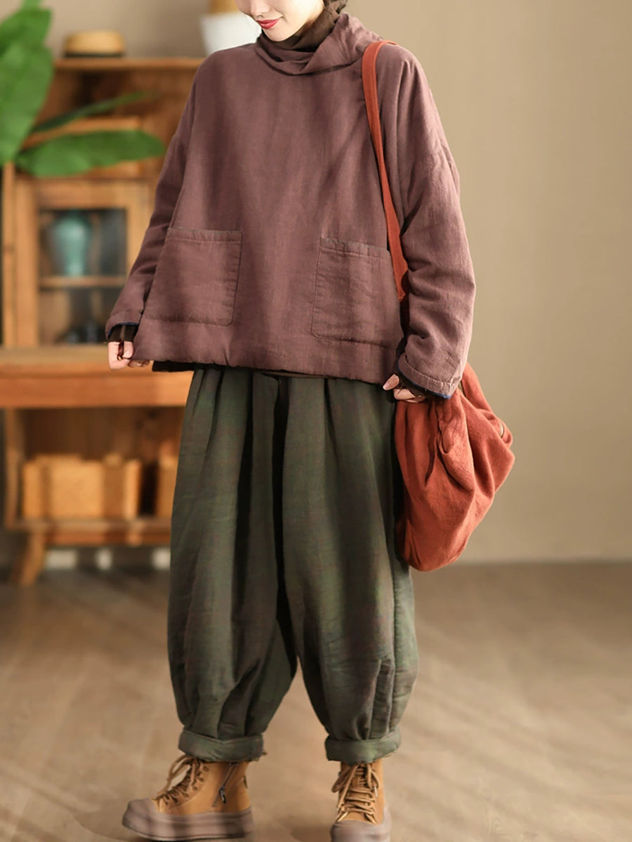 Women Autumn Vintage Turtleneck Solid Linen Padded Coat WG012 BK