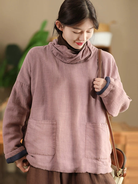Women Autumn Vintage Turtleneck Solid Linen Padded Coat WG012 BK