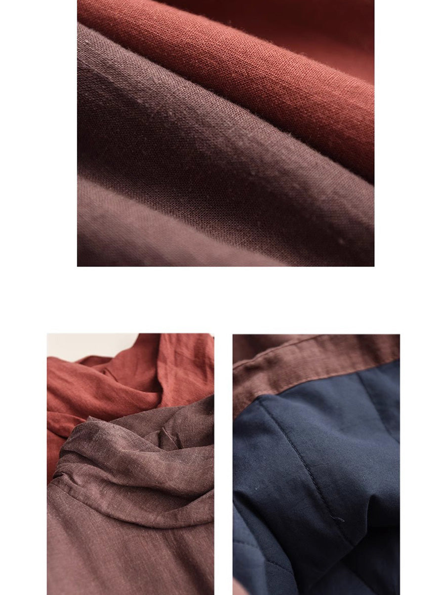 Women Autumn Vintage Turtleneck Solid Linen Padded Coat WG012 BK