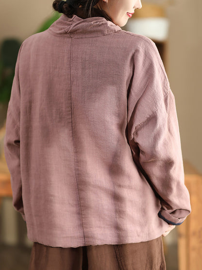 Women Autumn Vintage Turtleneck Solid Linen Padded Coat WG012 BK