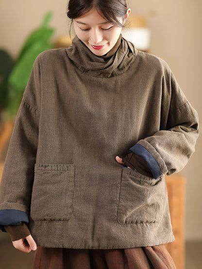 Women Autumn Vintage Turtleneck Solid Linen Padded Coat WG012 BK