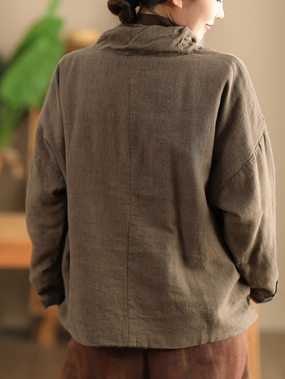 Women Autumn Vintage Turtleneck Solid Linen Padded Coat WG012 BK