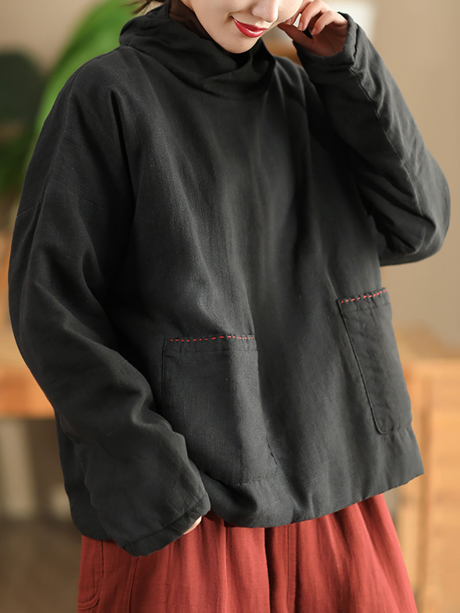 Women Autumn Vintage Turtleneck Solid Linen Padded Coat WG012 BK