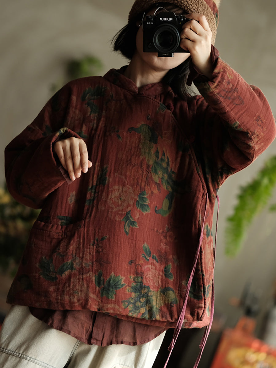 Women Autumn Ethnic Stand Collar Flower Cotton Padded Coat WG016 BK