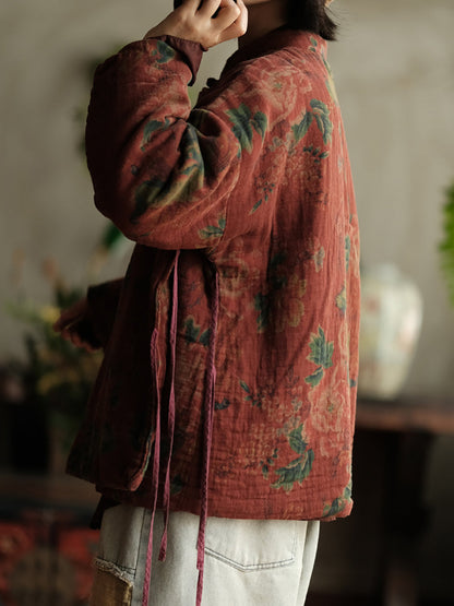 Women Autumn Ethnic Stand Collar Flower Cotton Padded Coat WG016 BK