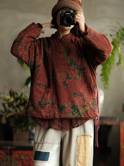 Women Autumn Ethnic Stand Collar Flower Cotton Padded Coat WG016 BK