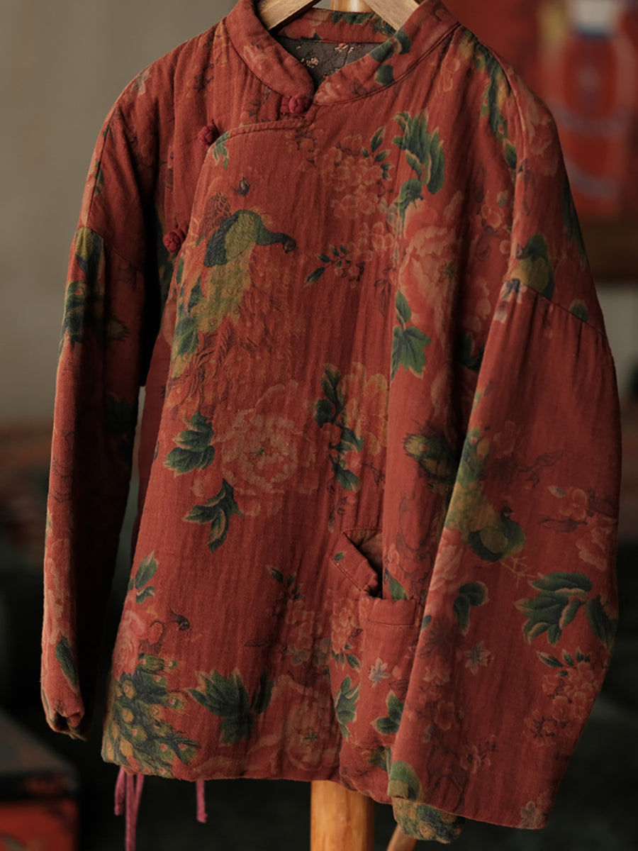 Women Autumn Ethnic Stand Collar Flower Cotton Padded Coat WG016 BK