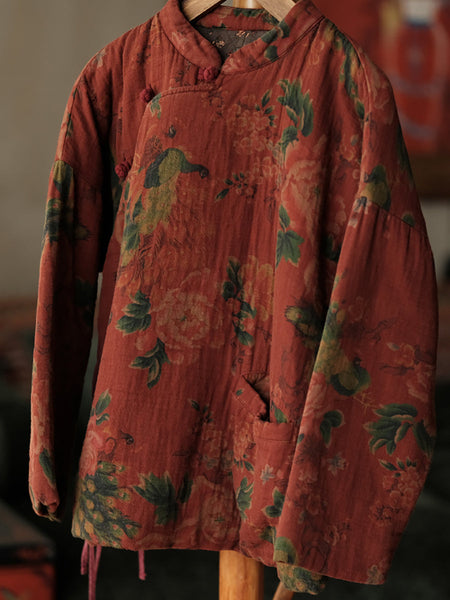 Women Autumn Ethnic Stand Collar Flower Cotton Padded Coat WG016 BK