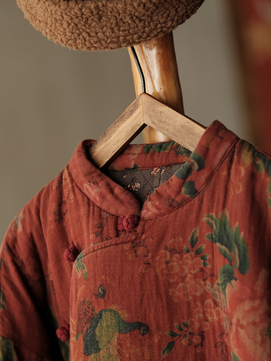 Women Autumn Ethnic Stand Collar Flower Cotton Padded Coat WG016 BK