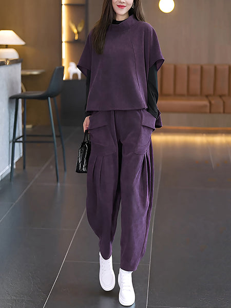 Women Autumn Casual Solid O-Neck Short Shirt and Pants QN030 HLCP