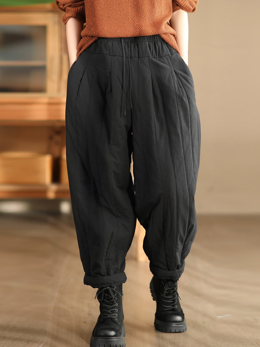 Women Winter Casual Solid Spliced Padded Harem Pants QN019 BK