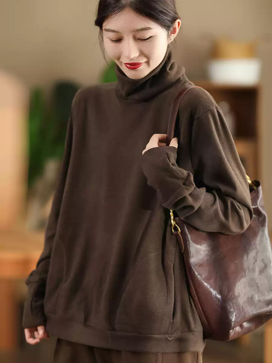 Women Autumn Solid Warm Turtleneck Shirt QN026 BK