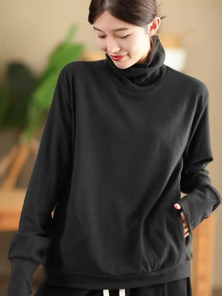 Women Autumn Solid Warm Turtleneck Shirt QN026 BK