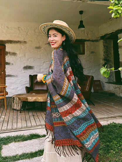 Women Ethnic Knit Stripe Tassel Shawl QN014 BUYKUD