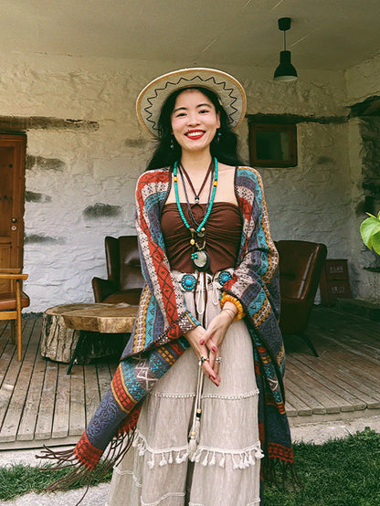 Women Ethnic Knit Stripe Tassel Shawl QN014 BUYKUD