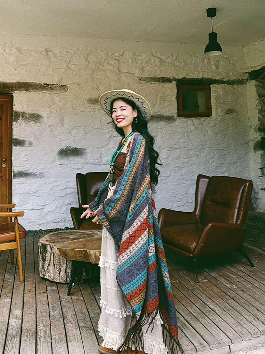 Women Ethnic Knit Stripe Tassel Shawl QN014 BUYKUD