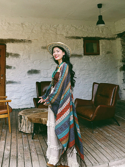 Women Ethnic Knit Stripe Tassel Shawl QN014 BUYKUD