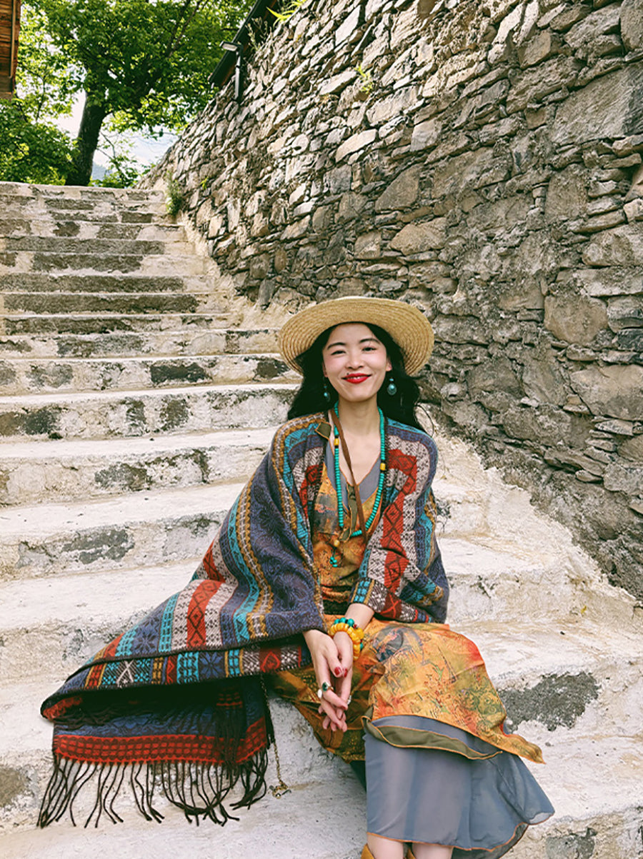 Women Ethnic Knit Stripe Tassel Shawl QN014 BUYKUD