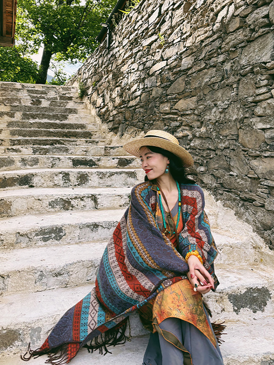 Women Ethnic Knit Stripe Tassel Shawl QN014 BUYKUD