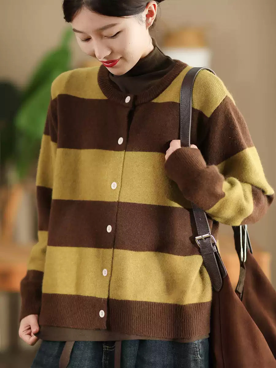 Women Vintage Autumn Stripe O-Neck Knit Sweater QN009 BK