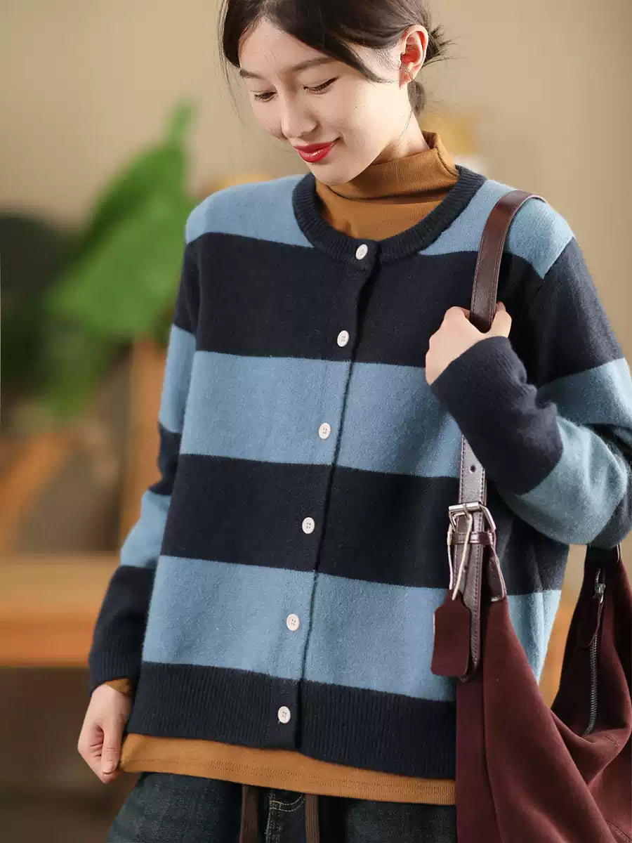 Women Vintage Autumn Stripe O-Neck Knit Sweater QN009 BK