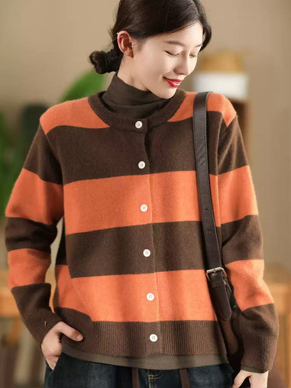 Women Vintage Autumn Stripe O-Neck Knit Sweater QN009 BK